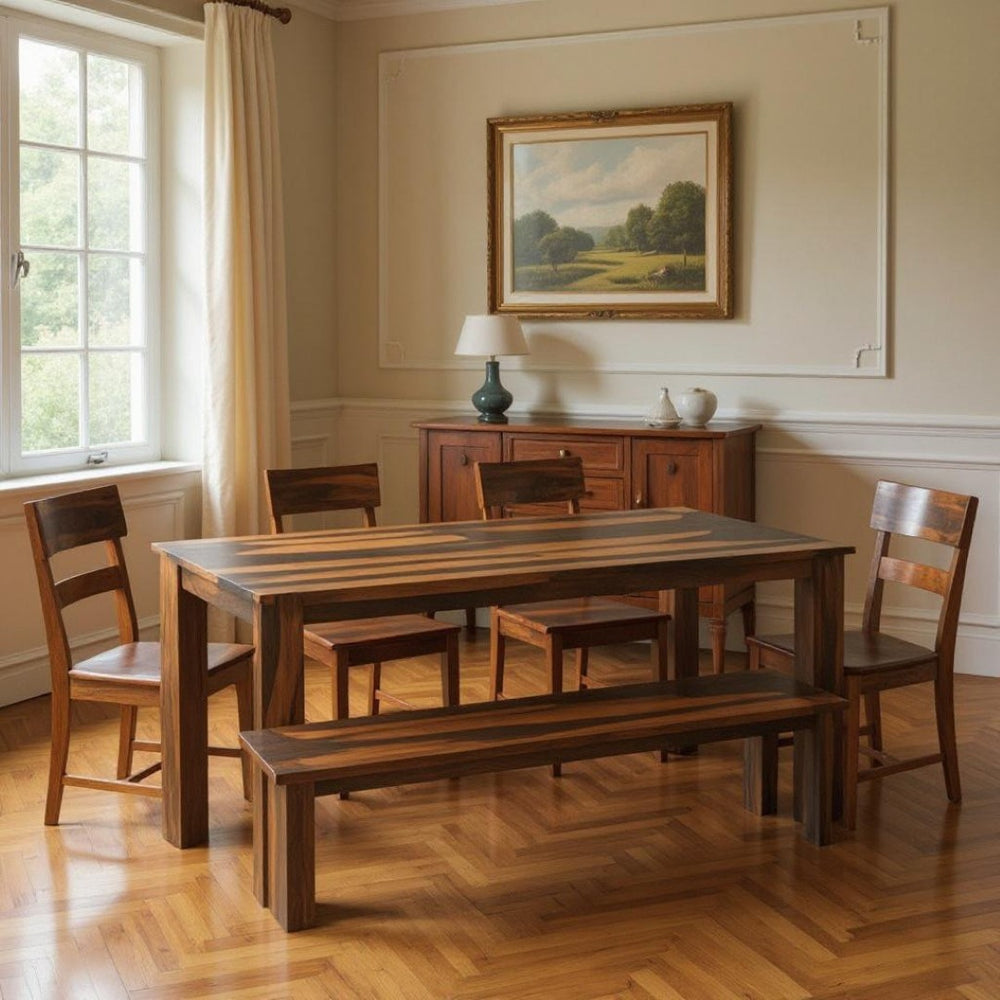 HomeRoots Seven Piece Dining Set - Solid Wood Table with 6 Ladder-Back Chairs & Versatile Bench for 8 665375