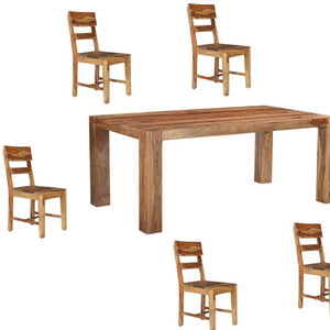 HomeRoots Seven Piece Solid Wood Dining Set with 6 Comfortable Ladder-Back Chairs and Versatile Bench 665376