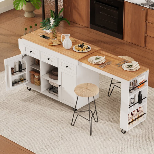 English Elm K&k Rolling Kitchen Island with Extendable Table Open Shelving and Built-in Power Outlet White N707P360278W