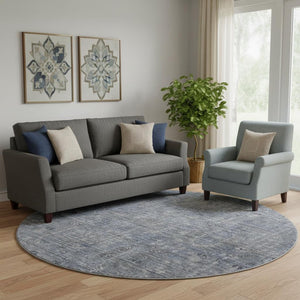 HomeRoots 8' Blue And Gray Southwestern Round Rug - Washable, UV Protected, Stain Resistant for Family Spaces 665388