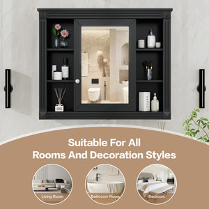 English Elm 35'' Modern Wall Medicine Cabinet with Mirror, Black MDF Storage, Soft-Close Hinges, Towel Rod, Adjustable Shelves N710P197128B