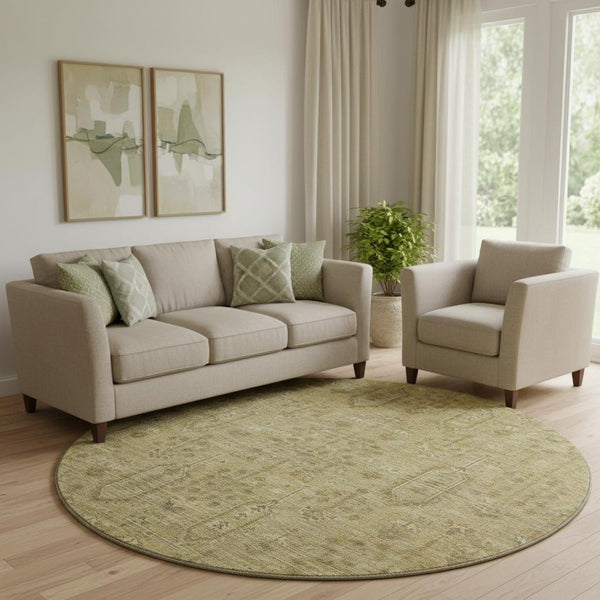 HomeRoots 8' Gold and Taupe Southwestern Washable Round Rug - Durable, UV Protected, and Stain-Resistant Design 665400