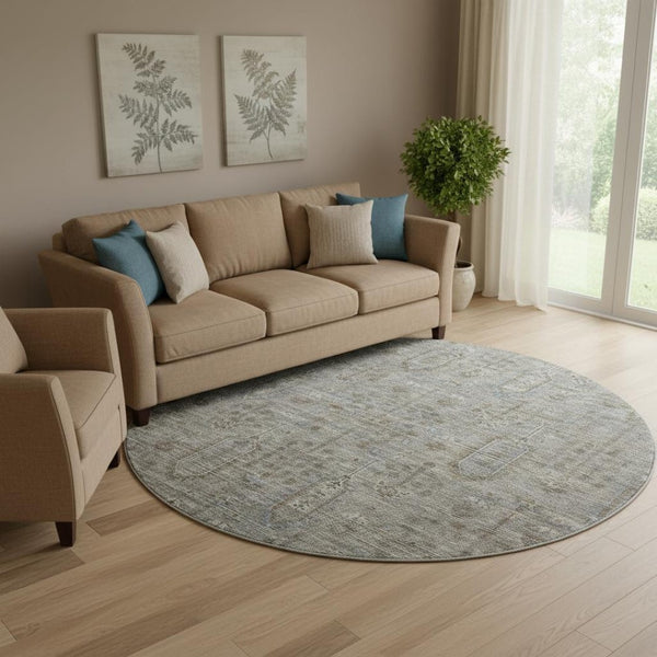 HomeRoots 8' Granite Gray & Silver Southwestern Round Rug - Washable, UV-Protected, Durable for Any Space 665406