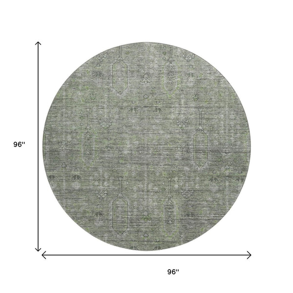 HomeRoots 8' Green and Gray Southwestern Round Rug – Washable, UV-Protected, Durable for High-Traffic Areas 665418