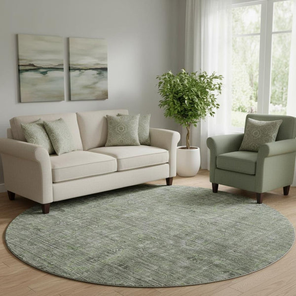 HomeRoots 8' Green and Gray Southwestern Round Rug – Washable, UV-Protected, Durable for High-Traffic Areas 665418