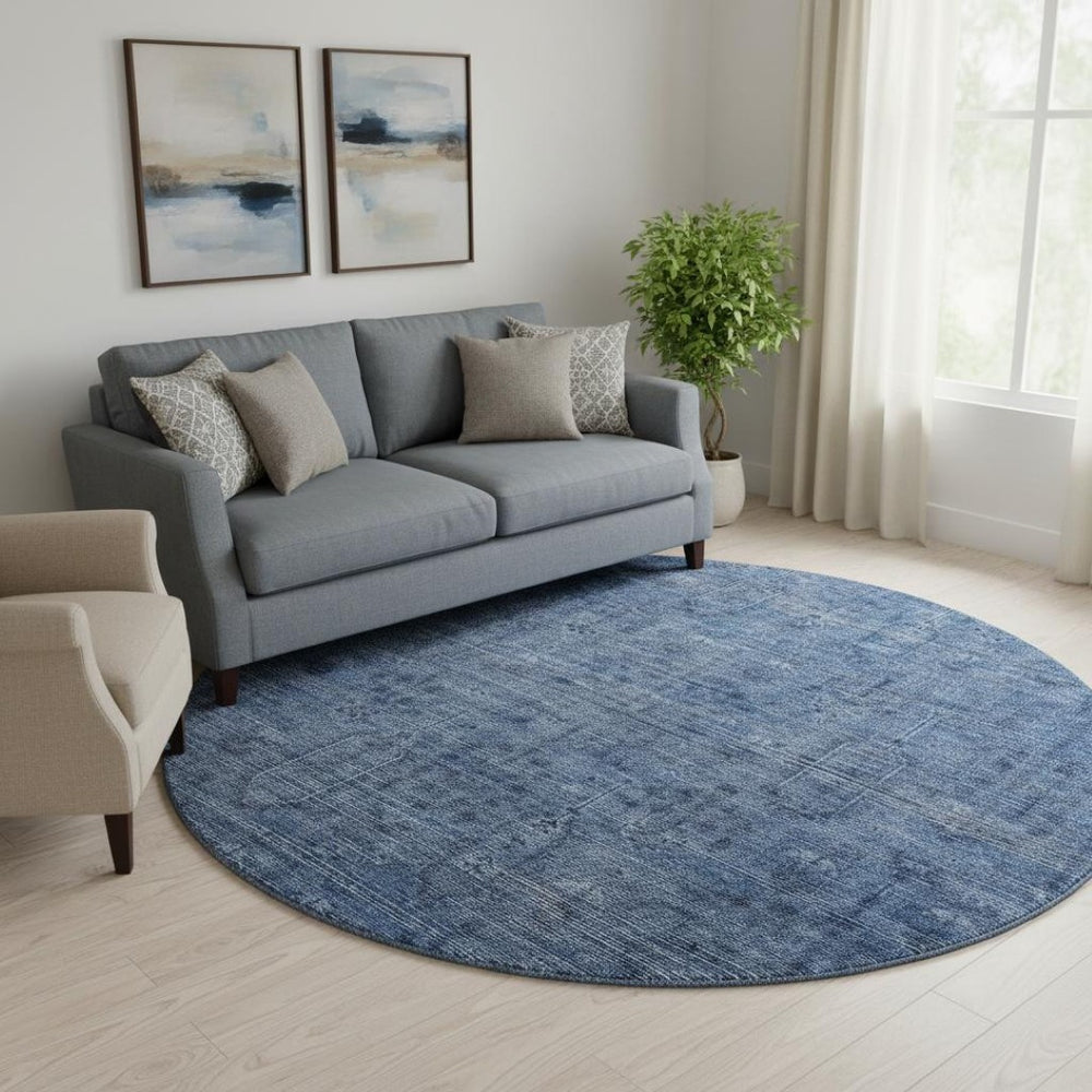 HomeRoots 8' Navy Blue & Gray Southwestern Washable Round Rug - UV Protected, Durable Design for Any Space 665424