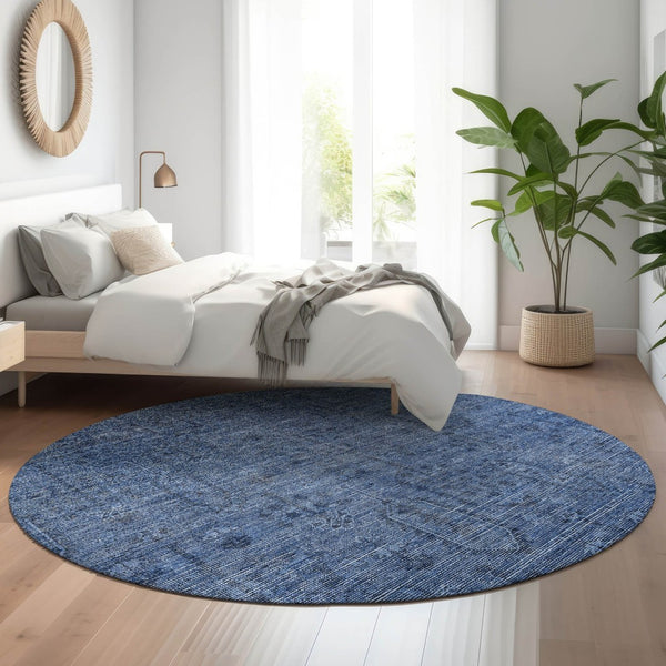 HomeRoots 8' Navy Blue & Gray Southwestern Washable Round Rug - UV Protected, Durable Design for Any Space 665424