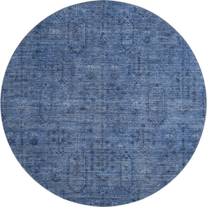 HomeRoots 8' Navy Blue & Gray Southwestern Washable Round Rug - UV Protected, Durable Design for Any Space 665424