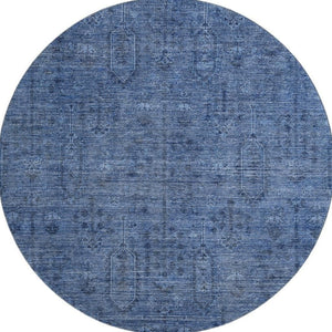 HomeRoots 8' Navy Blue & Gray Southwestern Washable Round Rug - UV Protected, Durable Design for Any Space 665424