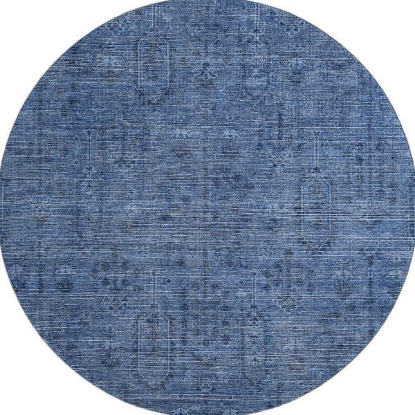 HomeRoots 8' Navy Blue & Gray Southwestern Washable Round Rug - UV Protected, Durable Design for Any Space 665424