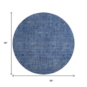 HomeRoots 8' Navy Blue & Gray Southwestern Washable Round Rug - UV Protected, Durable Design for Any Space 665424