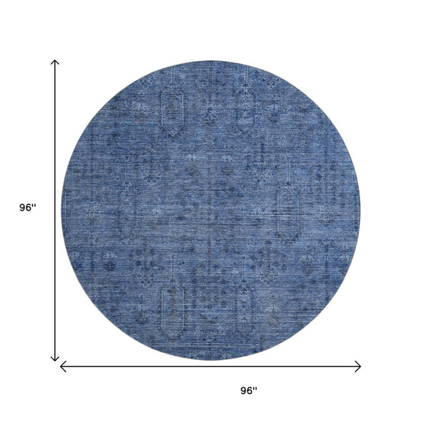 HomeRoots 8' Navy Blue & Gray Southwestern Washable Round Rug - UV Protected, Durable Design for Any Space 665424