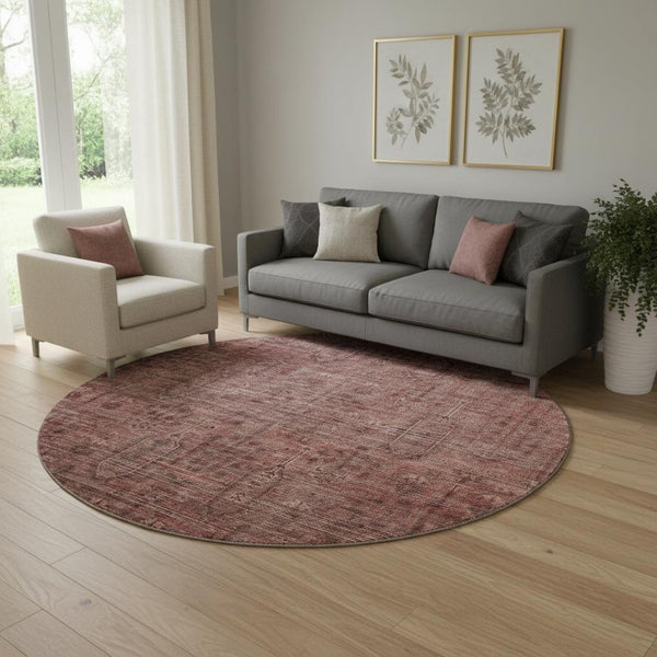 HomeRoots 8' Southwestern-Inspired Round Rug in Rust & Gray - Washable, UV-Protected, Durable & Stylish Decor! 665430