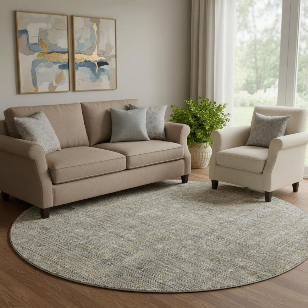 HomeRoots 8' Southwestern Round Rug in Taupe Gray & Beige - Washable, UV Protected, Durable & Stylish Decor 665442