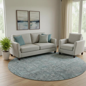 HomeRoots 8' Teal And Gray Southwestern Washable Round Rug - UV Resistant, Durable, Perfect for High-Traffic Areas 665448