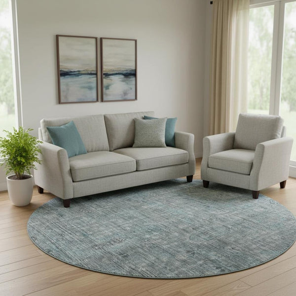 HomeRoots 8' Teal And Gray Southwestern Washable Round Rug - UV Resistant, Durable, Perfect for High-Traffic Areas 665448