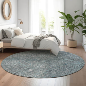 HomeRoots 8' Teal And Gray Southwestern Washable Round Rug - UV Resistant, Durable, Perfect for High-Traffic Areas 665448