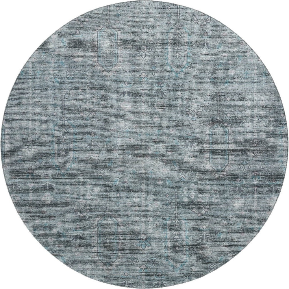 HomeRoots 8' Teal And Gray Southwestern Washable Round Rug - UV Resistant, Durable, Perfect for High-Traffic Areas 665448