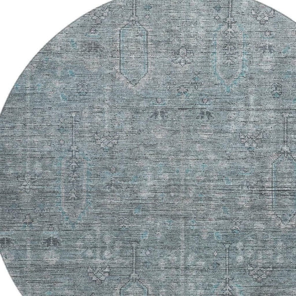 HomeRoots 8' Teal And Gray Southwestern Washable Round Rug - UV Resistant, Durable, Perfect for High-Traffic Areas 665448