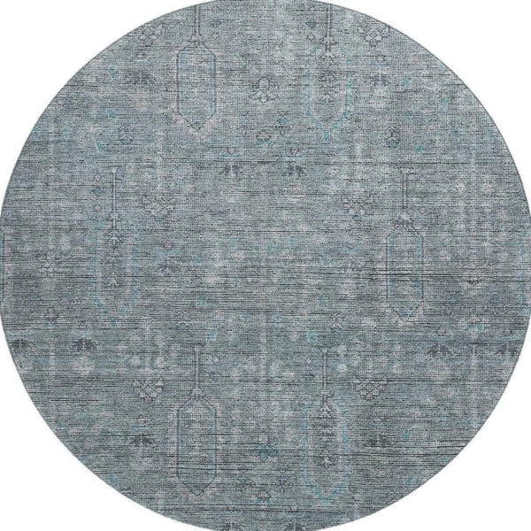 HomeRoots 8' Teal And Gray Southwestern Washable Round Rug - UV Resistant, Durable, Perfect for High-Traffic Areas 665448