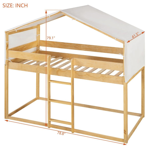 English Elm Twin Over Kids Bunk Bed with Tent Canopy Farmhouse Pinewood Playroom Frame Natural N708P248523M