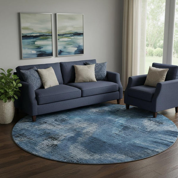 HomeRoots 8' Blue Ivory and Charcoal Abstract Round Rug - Washable, UV Protected, Stylish & Durable Design 665474