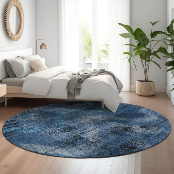 HomeRoots 8' Blue Ivory and Charcoal Abstract Round Rug - Washable, UV Protected, Stylish & Durable Design 665474