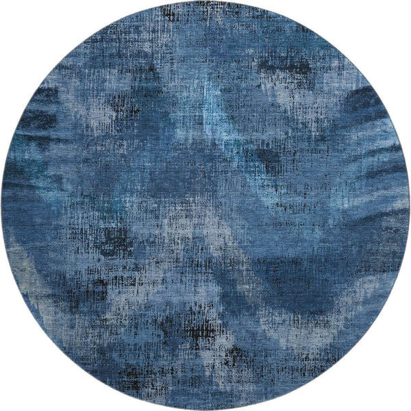 HomeRoots 8' Blue Ivory and Charcoal Abstract Round Rug - Washable, UV Protected, Stylish & Durable Design 665474