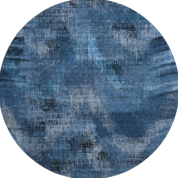 HomeRoots 8' Blue Ivory and Charcoal Abstract Round Rug - Washable, UV Protected, Stylish & Durable Design 665474