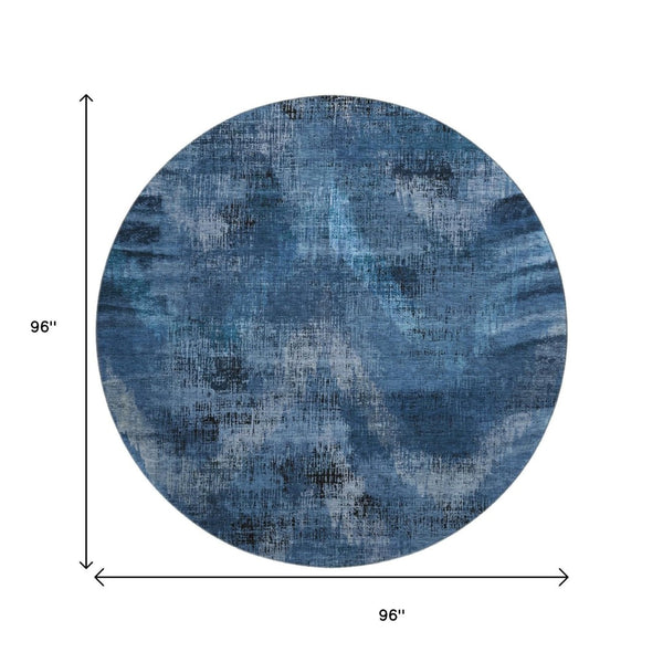 HomeRoots 8' Blue Ivory and Charcoal Abstract Round Rug - Washable, UV Protected, Stylish & Durable Design 665474