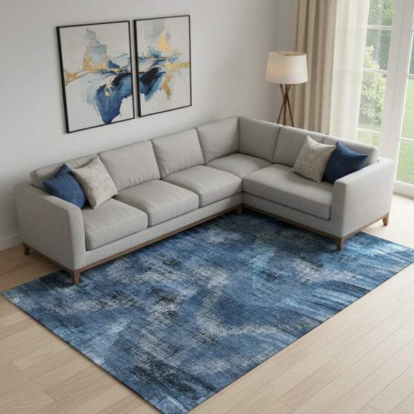 HomeRoots 8' X 10' Abstract Washable Area Rug in Blue, Ivory, & Charcoal - Stain-Resistant, UV Protected Design 665475