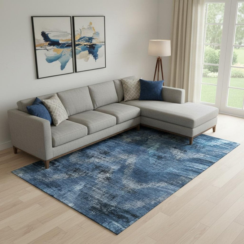 HomeRoots 9' X 12' Blue Ivory Charcoal Abstract Area Rug - Washable, UV Protected, Stylish & Durable Design 665476