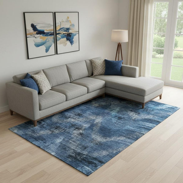 HomeRoots 9' X 12' Blue Ivory Charcoal Abstract Area Rug - Washable, UV Protected, Stylish & Durable Design 665476