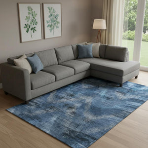 HomeRoots 10' X 14' Abstract Area Rug in Blue, Ivory & Charcoal - Washable, UV Protected & Stylish Design 665477