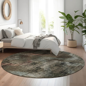 HomeRoots 8' Brown Salmon and Gray Abstract Round Rug - Washable, UV-Protected, Modern Design for High-Traffic Areas 665480