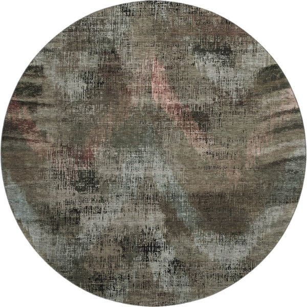 HomeRoots 8' Brown Salmon and Gray Abstract Round Rug - Washable, UV-Protected, Modern Design for High-Traffic Areas 665480