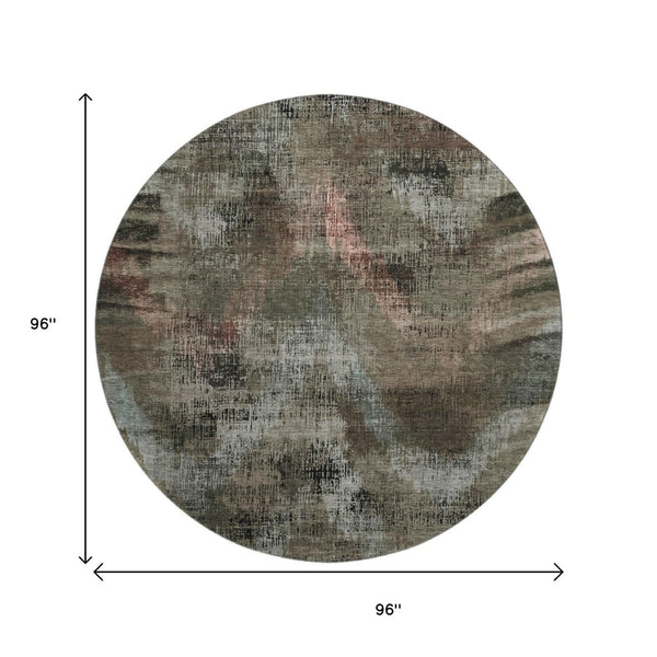 HomeRoots 8' Brown Salmon and Gray Abstract Round Rug - Washable, UV-Protected, Modern Design for High-Traffic Areas 665480