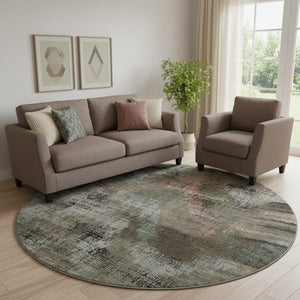 HomeRoots 8' Brown Salmon and Gray Abstract Round Rug - Washable, UV-Protected, Modern Design for High-Traffic Areas 665480