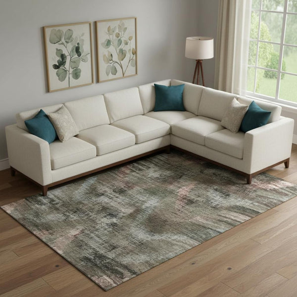 HomeRoots 8' X 10' Abstract Washable Area Rug in Brown, Salmon & Gray – UV Protected, Soft, Non-Slip Design! 665481