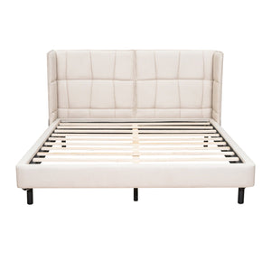 English Elm Queen Upholstered Platform Bed with LED Lights, U-Shaped Headboard, Linen Fabric, Sturdy Metal Legs Beige SF000151AAA