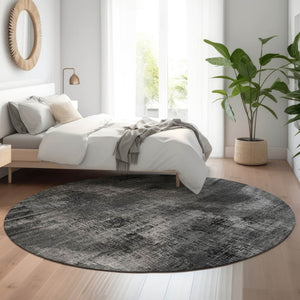 HomeRoots 8' Gray and Silver Abstract Round Rug – Washable, UV-Protected, Soft Polyester for High-Traffic Areas 665492