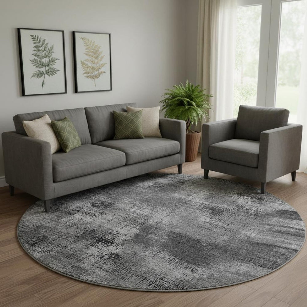 HomeRoots 8' Gray and Silver Abstract Round Rug – Washable, UV-Protected, Soft Polyester for High-Traffic Areas 665492