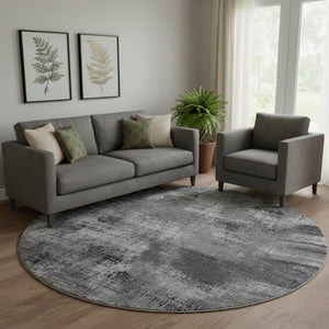 HomeRoots 8' Gray and Silver Abstract Round Rug – Washable, UV-Protected, Soft Polyester for High-Traffic Areas 665492