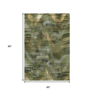 HomeRoots 5' X 8' Washable Olive Green, Gold & Charcoal Abstract Area Rug – UV Protected, Stain-Resistant Style 665497