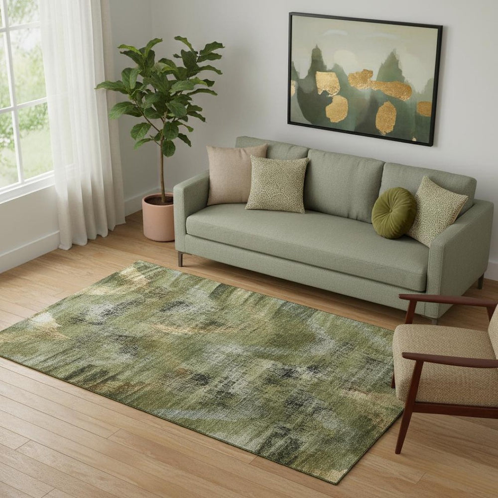 HomeRoots 5' X 8' Washable Olive Green, Gold & Charcoal Abstract Area Rug – UV Protected, Stain-Resistant Style 665497
