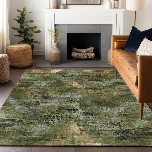 HomeRoots 5' X 8' Washable Olive Green, Gold & Charcoal Abstract Area Rug – UV Protected, Stain-Resistant Style 665497
