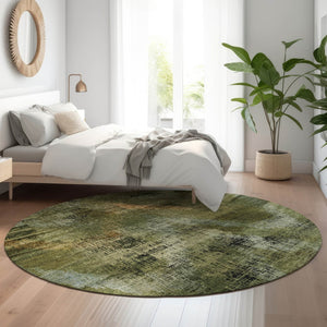 HomeRoots 8' Washable Round Rug in Olive Green, Gold & Charcoal - Stain-Resistant, UV-Protected, Modern Design 665498