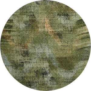 HomeRoots 8' Washable Round Rug in Olive Green, Gold & Charcoal - Stain-Resistant, UV-Protected, Modern Design 665498