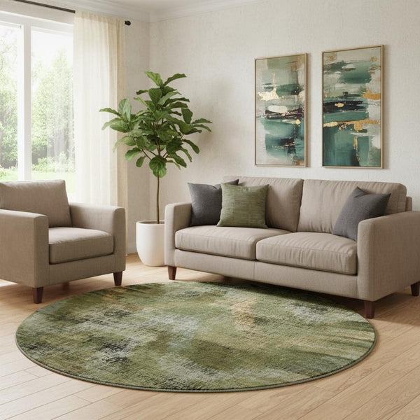 HomeRoots 8' Washable Round Rug in Olive Green, Gold & Charcoal - Stain-Resistant, UV-Protected, Modern Design 665498