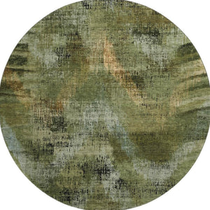 HomeRoots 8' Washable Round Rug in Olive Green, Gold & Charcoal - Stain-Resistant, UV-Protected, Modern Design 665498